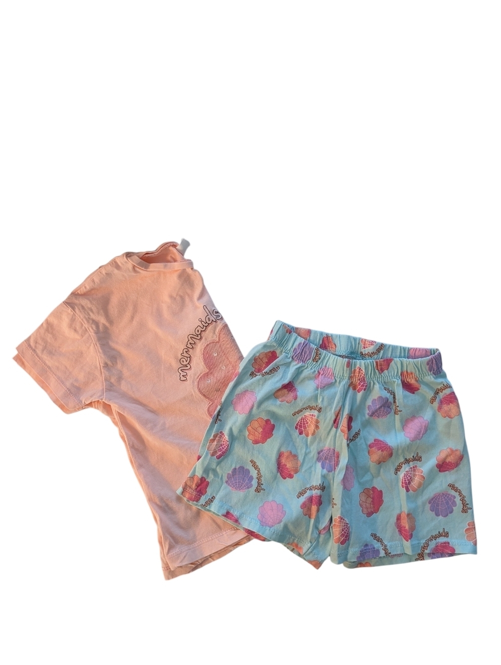 LC Waikiki Girls Mermaid Shell Print Shorts&Shirt Pajama Set Pink, Blue Sz 6/7